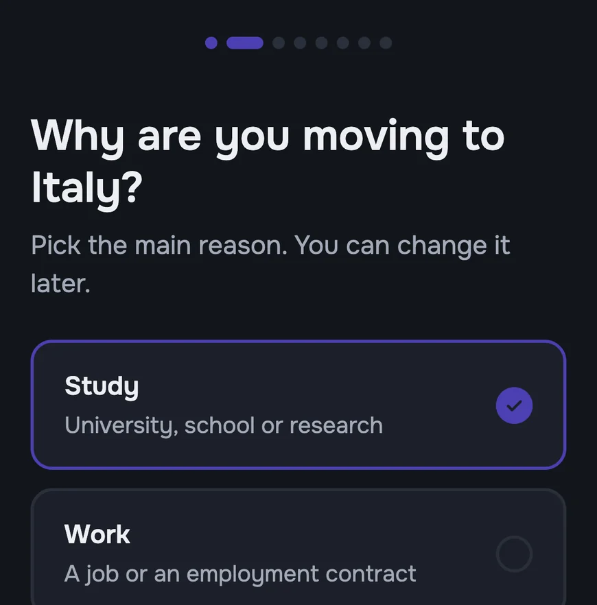 A question in Benvenù: why are you moving? Study is selected.